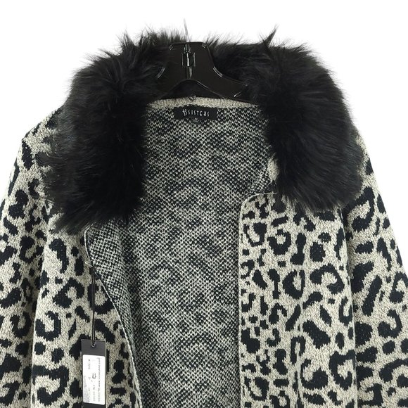 ii Sisters Leopard Print Open Front Long Cardigan Womens M Removable Collar NEW - Picture 8 of 16